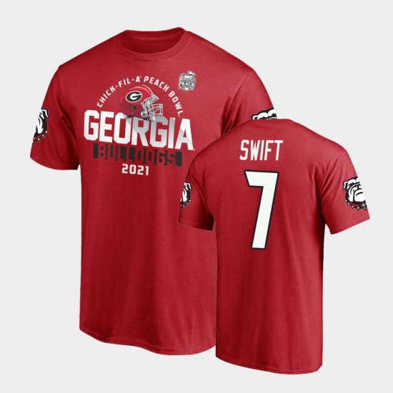 #7 D\'Andre Swift 2021 Peach Bowl UGA Bulldogs Mens Red T-Shirt 197156-583