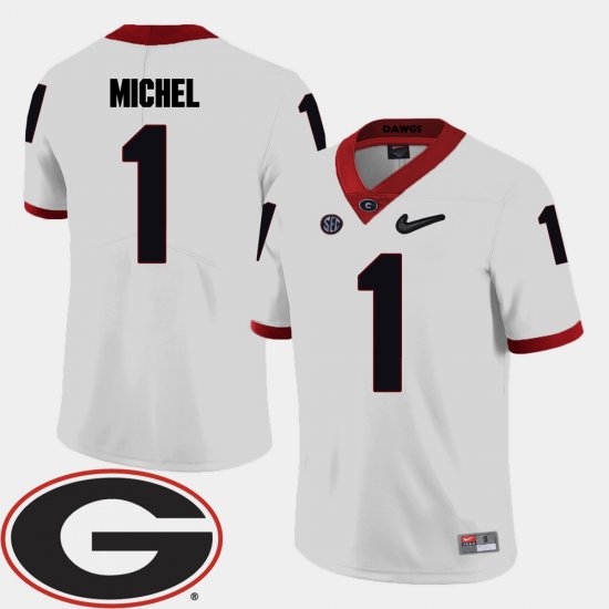 #1 Sony Michel College Football Georgia Bulldogs 2018 SEC Patch Men\'s White Jersey 146473-266